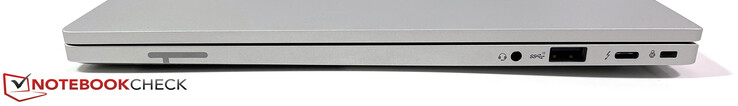 Côté droit : 3,5 mm stéréo, USB-A (3.2 Gen.2), USB-C (Thunderbolt 4, DisplayPort Alt 1.4, chargement), Kensington NanoSaver