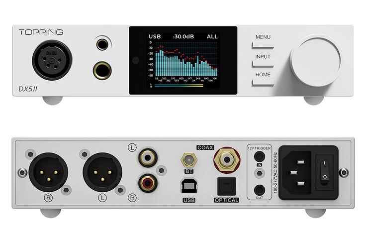 Le DAC Topping DX5 II est équipé de prises casque 3,5 mm, 4,4 mm, 6,4 mm et XLR, de connecteurs d'enceinte RCA et de ports d'entrée SPDIF et USB. (Source de l'image : Topping)