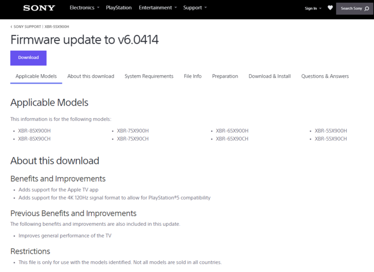 Le firmware v6.0414 prétend résoudre les problèmes de 4K/120 Hz. (Source de l'image : Sony)