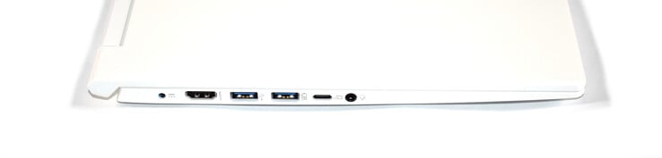 Côté gauche : entrée secteur, HDMI, 2 USB A 3.0, USB C 3.1 Gen 1, prise jack.
