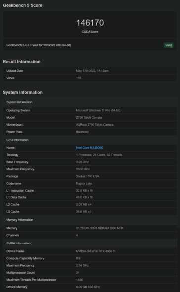 Nvidia GeForce RTX 4060 Ti Geekbench (image via Geekbench)