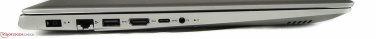 Côté gauche : entrée secteur, Ethernet RJ45, 1 USB A 3.0, HDMI, USB C 3.0, jack 3,5 mm, LED de statut.