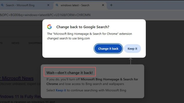 Chrome suggère de revenir à la recherche Google, tandis que l’extension de Microsoft incite les utilisateurs à rester sur Bing.