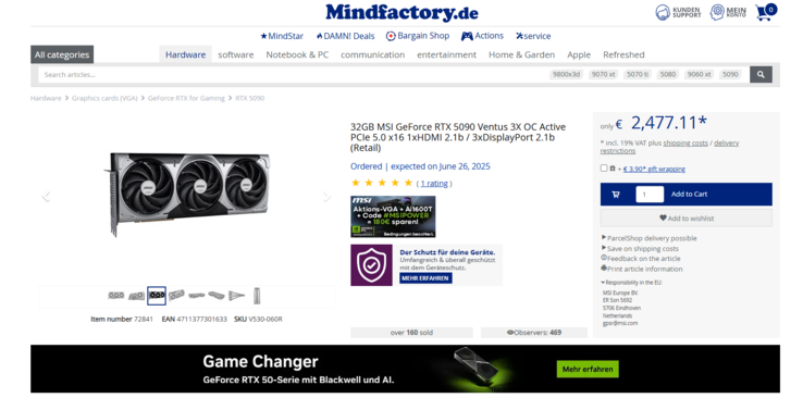 Le prix actuel de la MSI RTX 5090 Ventus 3X OC (Image source : Mindfactory)