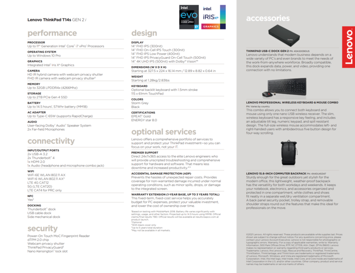 spécifications Lenovo ThinkPad T14s G2 Intel