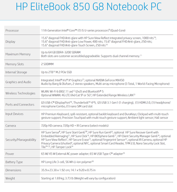 HP EliteBook 850 G8 - Spécifications. (Source de l'image : HP)