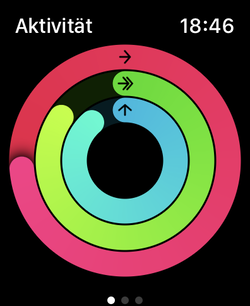 Trois anneaux d'activité pour les mouvements (rouge), les entraînements (vert) et la position debout (bleu).