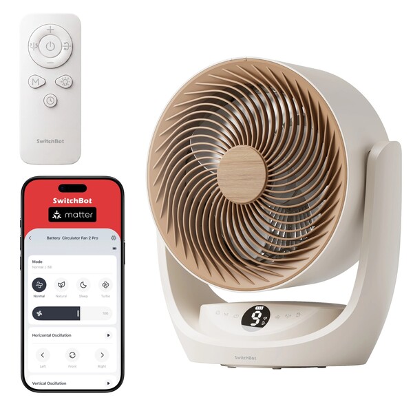 Le ventilateur SwitchBot Battery Circulator Fan 2 Pro dispose d’une télécommande, de commandes intégrées à l’appareil et prend en charge le protocole Matter.