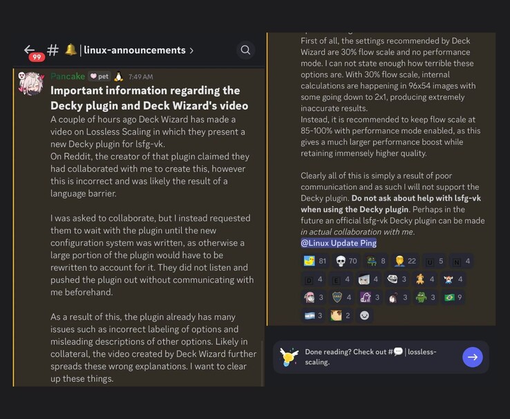 Une annonce de PancakeTAS sur Discord précisant qu'ils n'ont pas été impliqués dans la création du plug-in Decky pour LSFG-VK, critiquant les paramètres par défaut utilisés dans le plug-in et déclarant qu'ils ne fourniront pas de support pour celui-ci. (Image source : Discord/@PancakeTAS)