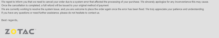 Email envoyé aux clients par ZOTAC. (Source de l'image : Reddit) 