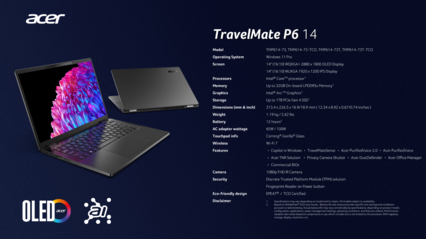 Acer TravelMate P6 14 : Spécifications. (Source de l'image : Acer)