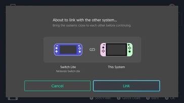 Étape 2 de la liaison des consoles Nintendo Switch pour le partage de cartes de jeu virtuelles : Cet écran, intitulé " About to link with the other system... ", demande à l'utilisateur d'approcher les consoles Nintendo Switch l'une de l'autre avant d'appuyer sur le bouton " Link ".