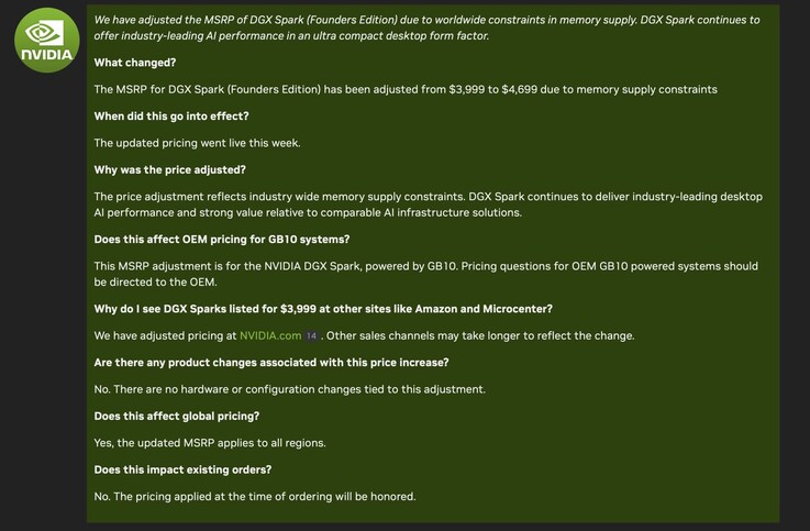 Nvidia met à jour les prix de sa mini station de travail DGX Spark.