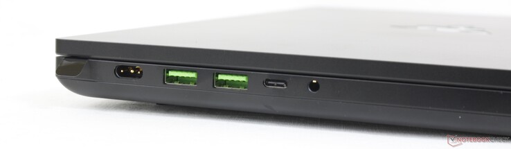À gauche : adaptateur secteur, 2x USB-A 3.2 Gen. 2, USB-C 3.2 Gen. 2 avec DisplayPort + Power Delivery, casque 3,5 mm