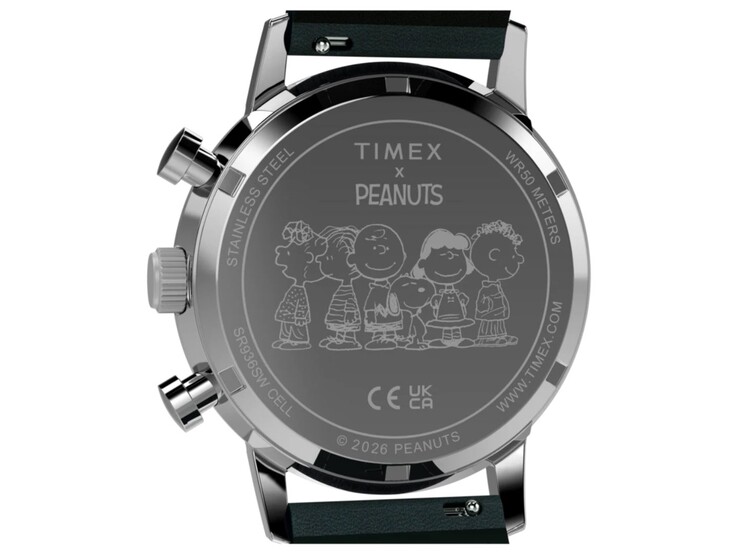 Vue arrière de la montre Timex Peanuts x Marlin Chronograph montrant le fond de boîtier gravé du motif Peanuts