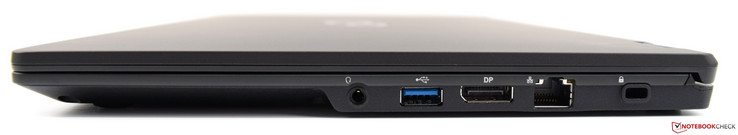Côté droit : jack 3,5 mm, 1 USB A 3.0, DisplayPort, Ethernet, verrou de sécurité Kensington.
