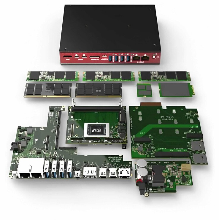 Le mini PC sans ventilateur Bedrock RAI300 peut être équipé de nombreux modules d'extension. (Source de l'image : SolidRun)
