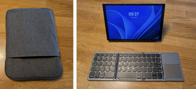 L'utilisation du Legion Go en tant que machine de productivité mobile fonctionne étonnamment bien et se range dans une taille minuscule. Assurez-vous simplement de disposer d'une surface plane. (Source de l'image : Notebookcheck)