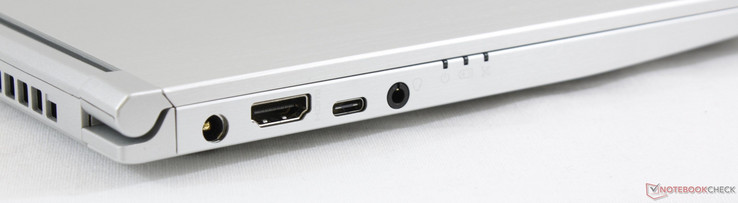 Côté gauche : entrée secteur, HDMI 1.4, USB C Gen. 1, combo audio 3,5 mm.