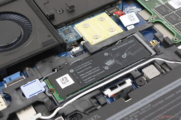 Emplacement SSD occupé près du centre. Dell propose en option une petite trappe sur la plaque inférieure pour faciliter l'accès à ce disque sans avoir à retirer toute la plaque inférieure