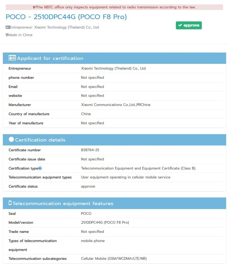 Le Poco F8 Pro reçoit la certification de la NBTC en Thaïlande. (Source de l'image : NBTC)