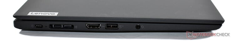 à gauche : 2x USB-C 3.2 Gen 2, port miniEthernet/docking, HDMI 2.0, USB-A 3.2 Gen 1, audio 3.5-mm