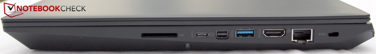 Côté droit : lecteur de carte SD, USB C 3.1, miniDP, USB A 3.0, HDMI, Ethernet, verrou de sécurité Kensington.