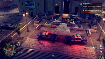 Intervention de la police lors d'une agression à l'extérieur d'une banque du centre-ville d'Averno City (Source : Fallen Tree Games)