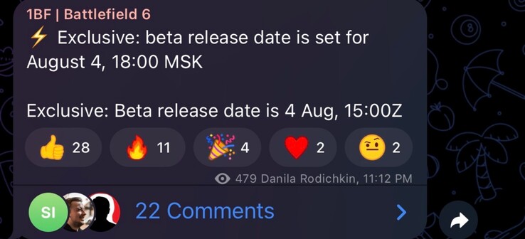 Fuite de l'heure de début de la bêta ouverte de Battlefield 6 (Image source : GamingLeaksandRumours subreddit, 1BF Telegram channel)