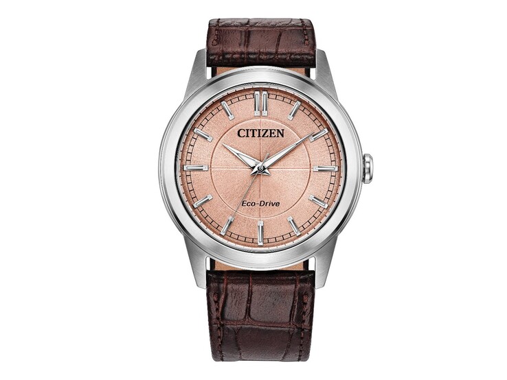 La montre Citizen Rolan AW2110-14Z est dotée d'un cadran couleur saumon, d'un boîtier en acier inoxydable et d'un bracelet en cuir marron.