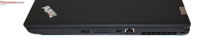 Côté droit : combo audio, USB A 3.0, lecteur de carte SD, USB C 3.1 Gen 1, Ethernet RJ45, verrou de sécurité Kensington.