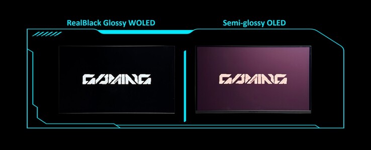 Le revêtement brillant RealBlack de l'écran garantit des noirs plus profonds que les OLED mats. (Source de l'image : Gigabyte)