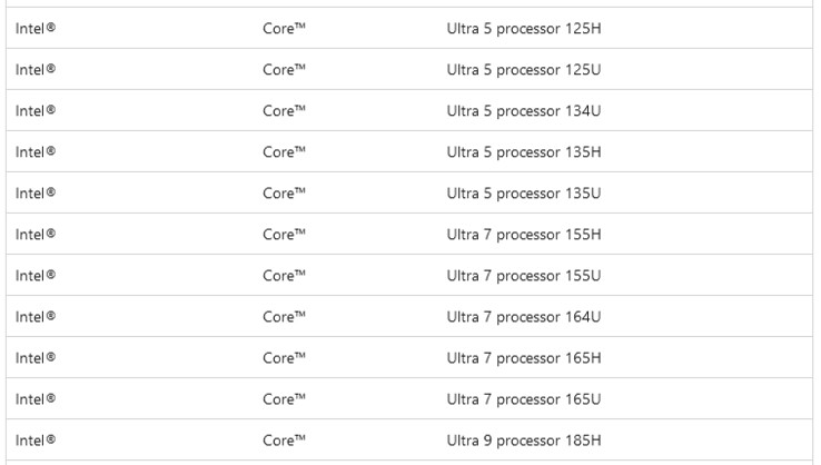 Capture d'écran du document d'assistance Microsoft sur les processeurs Core Ultra (Image : @momomo_us)