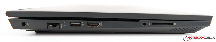Côté gauche : entrée secteur, Gigabit RJ45, USB 3.1 Gen. 1 (HP Sleep and Charge), HDMI 2.0b, prise jack, lecteur de carte SD.