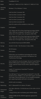 Spécifications du TravelMate P2 14 AI