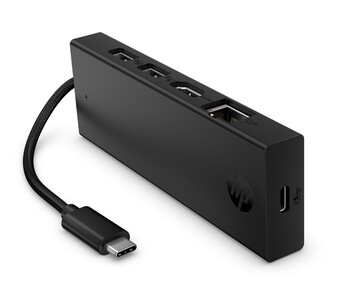 Hub HDMI USB-C 4K portable de HP avec plusieurs ports et un câble USB-C intégré (Source d'image : HP)