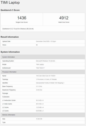 Mi Notebook Pro avec Intel Tiger Lake Core i5-11300H. (Source : Geekbench)