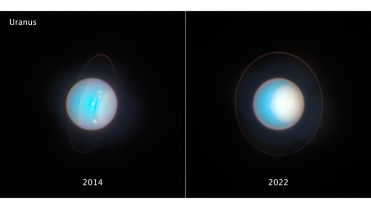 Images côte à côte d'Uranus prises à huit ans d'intervalle par le télescope spatial Hubble (Source des images : NASA, ESA, STScI, et autres)