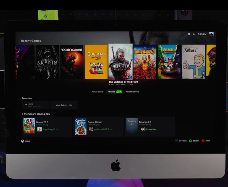 SteamOS fonctionnant sur un iMac 2019 affichant une interface de bibliothèque de jeux avec des titres tels que The Witcher 3, Cuphead, Fallout 4 et Skyrim. (Source de l'image : ETA PRIME sur YouTube)