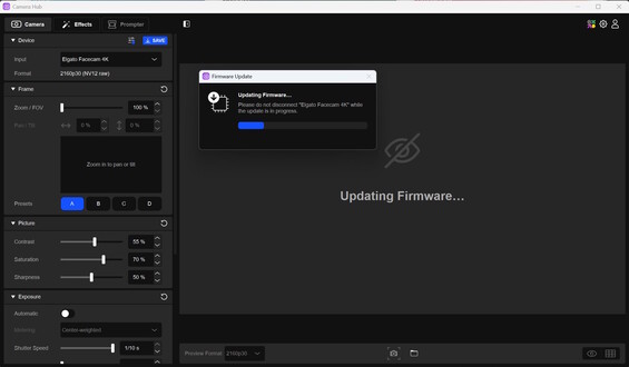 Elgato Camera Hub : Mise à jour, Paramètres et préréglages à gauche 