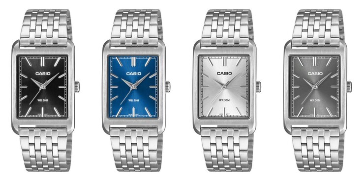 De gauche à droite : les montres Casio MTP-B215D-1AV, MTP-B215D-2AV, MTP-B215D-7AV et MTP-B215D-8AV