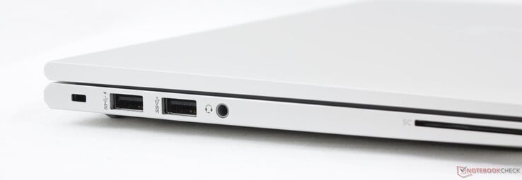 Côté gauche : HP verrou de sécurité, 2 USB A 3.1 Gen. 1, prise jack, lecteur de carte à puce (optionel).