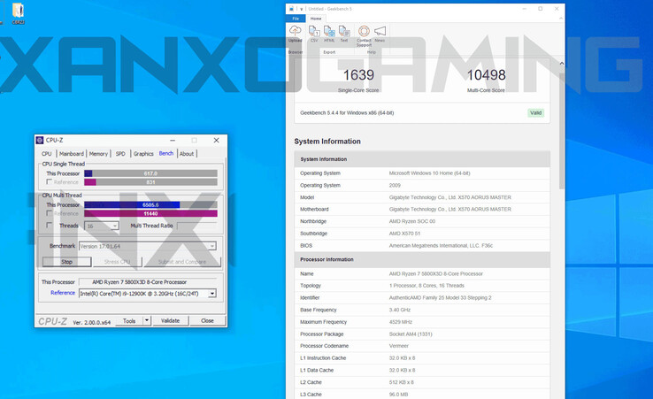 5800X3D CPU-Z et résultats Geekbench (Image Source : XanxoGaming)