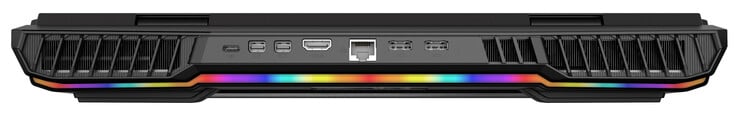 Arrière : USB 3.2 Gen 2 (Type C), 2x Mini Displayport (version 1.4, G-Sync), HDMI (version 2.1, HDCP 2.3), 2.5 Gigabit Ethernet, 2x connecteur d'alimentation