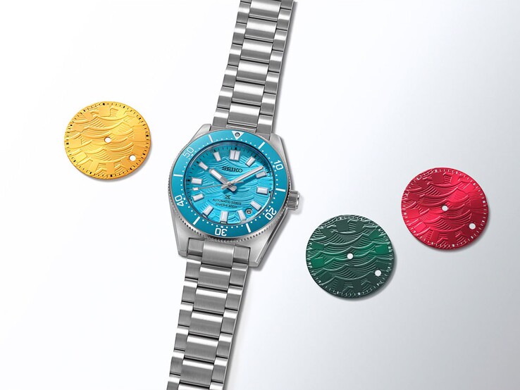 La Seiko Prospex 1965 Heritage Diver, dotée d'un cadran bleu vif à motif ondulé et d'une lunette assortie, est entourée de quatre modèles de cadrans colorés représentant les options choisies par les fans.