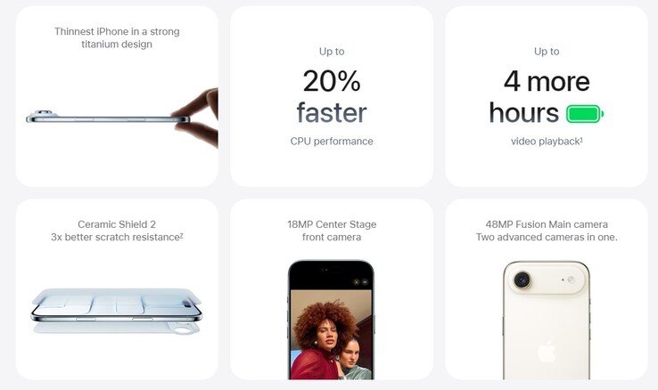 L'autonomie de la batterie et les caractéristiques de l'appareil photo du nouvel iPhone Air. (Source de l'image : Apple)
