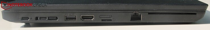 Côté gauche : USB C 3.1 Gen 2 avec charge, port pour station d'accueil (USB C 3.1, ne2rk), USB A 3.0, HDMI, micro SD, RJ45 LAN.