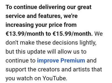 E-mail concernant l'augmentation du prix de l'abonnement individuel à YouTube Premium