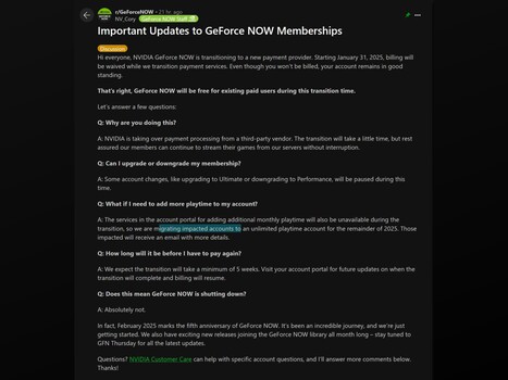 Nvidia GeForce Now Reddit update post (Image source : GeForce Now Reddit)