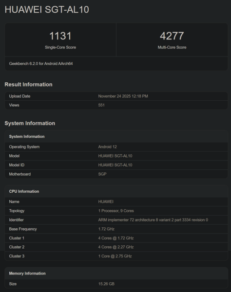 Kirin 9030 - Débuts sur Geekbench (image source : Geekbench)